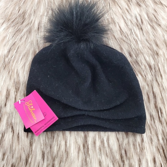 SHIHREEN Black Wool Faux Fur Beanie Hat - Picture 1 of 2